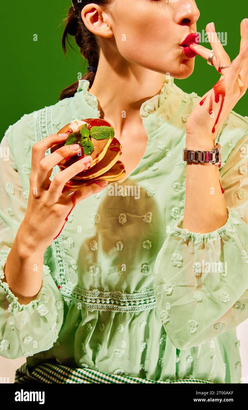 Breakfast. Food pop art photography. woman holding sweet pancakes