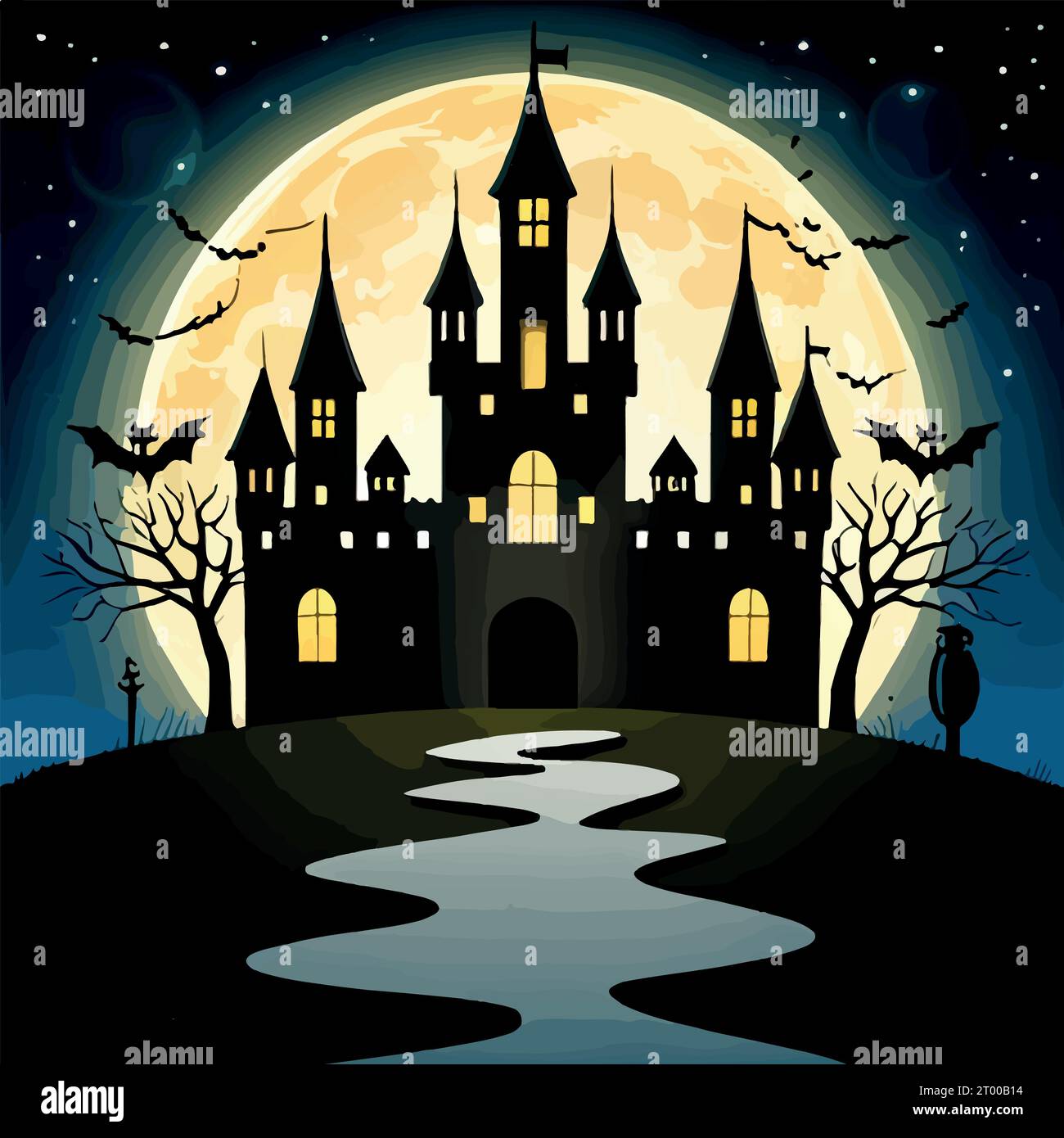 Halloween pumpkins on road and dark castle on blue Moon background with ...