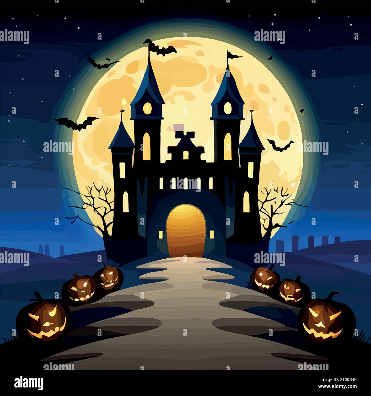 Halloween pumpkins on road and dark castle on blue Moon background with ...