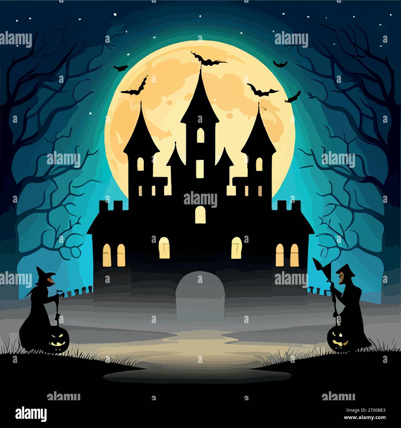 Halloween pumpkins on road and dark castle on blue Moon background with ...