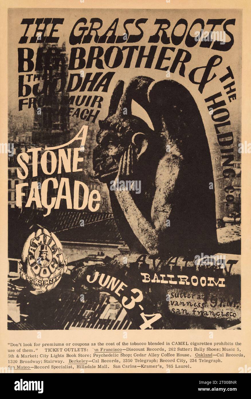 The Grass Roots, Big Brother and the Holding Company 'Stone Facade' - Avalon Ballroom - Vintage Concert Poster - Family Dog - June 3, 4 1966 Stock Photo