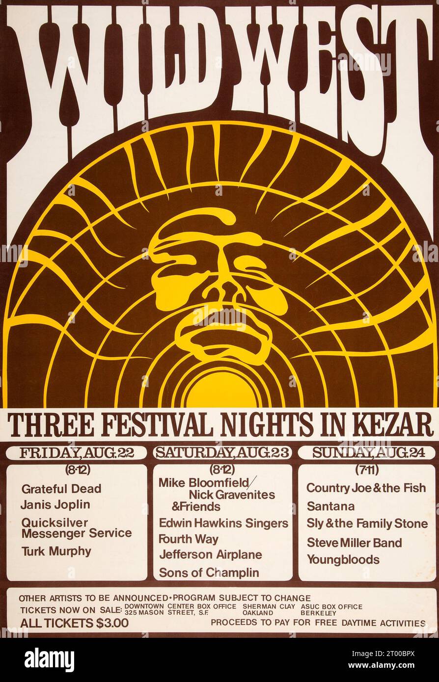 Grateful Dead, Janis Joplin 1969 'Wild West' Festival San Francisco - Vintage Concert Poster - feat Steve Miller, Jefferson Airplane, Sly & The Family Stone, Santana, Mike Bloomfield, Youngbloods, Quicksilver Messenger Service. August 22, 23, 24. Stock Photo