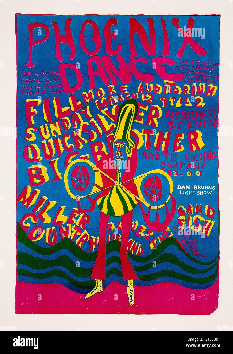 Janis Joplin feat Big Brother, Quicksilver Messenger Service, Steve Miller - 1967 Fillmore Benefit - Vintage Concert Poster Stock Photo