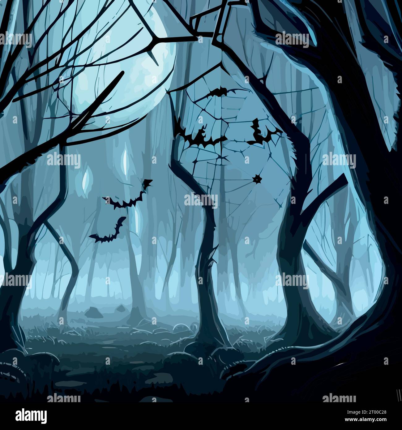 Dark forest Halloween background with bats, trees. Halloween purple ...