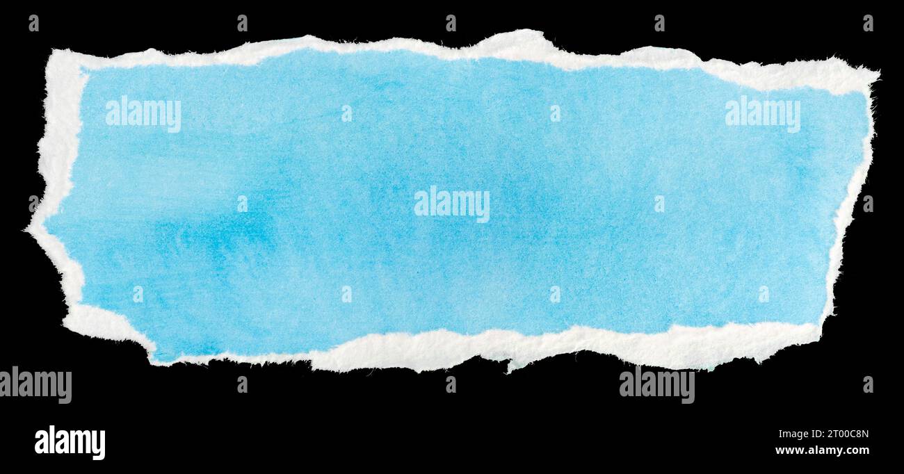 Ripped blue paper note message template isolated on black background Stock Photo