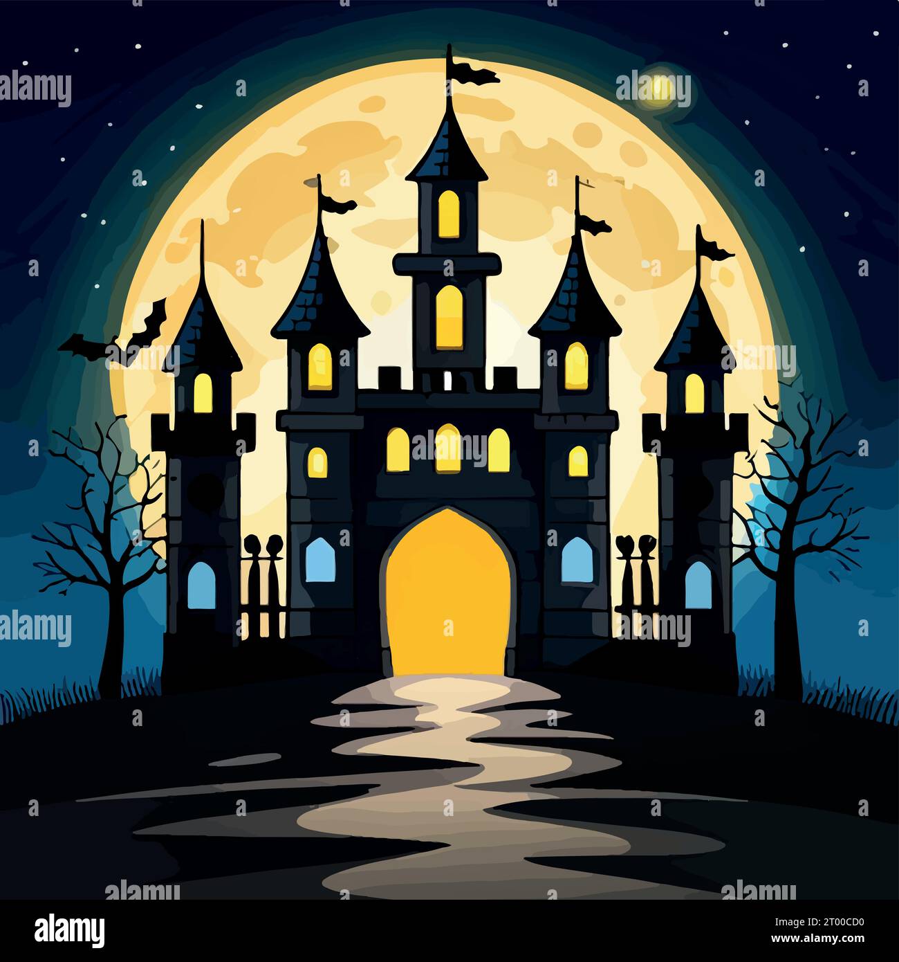 Halloween pumpkins on road and dark castle on blue Moon background with ...