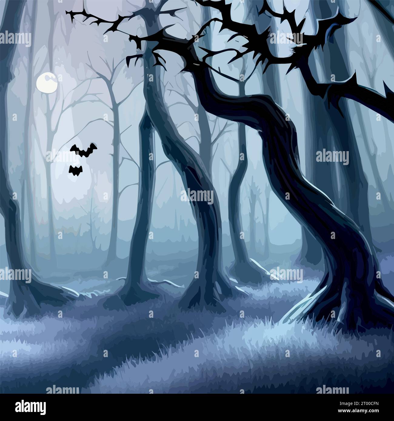 Halloween pumpkins in the dark spooky forest. Vector Illustration for ...