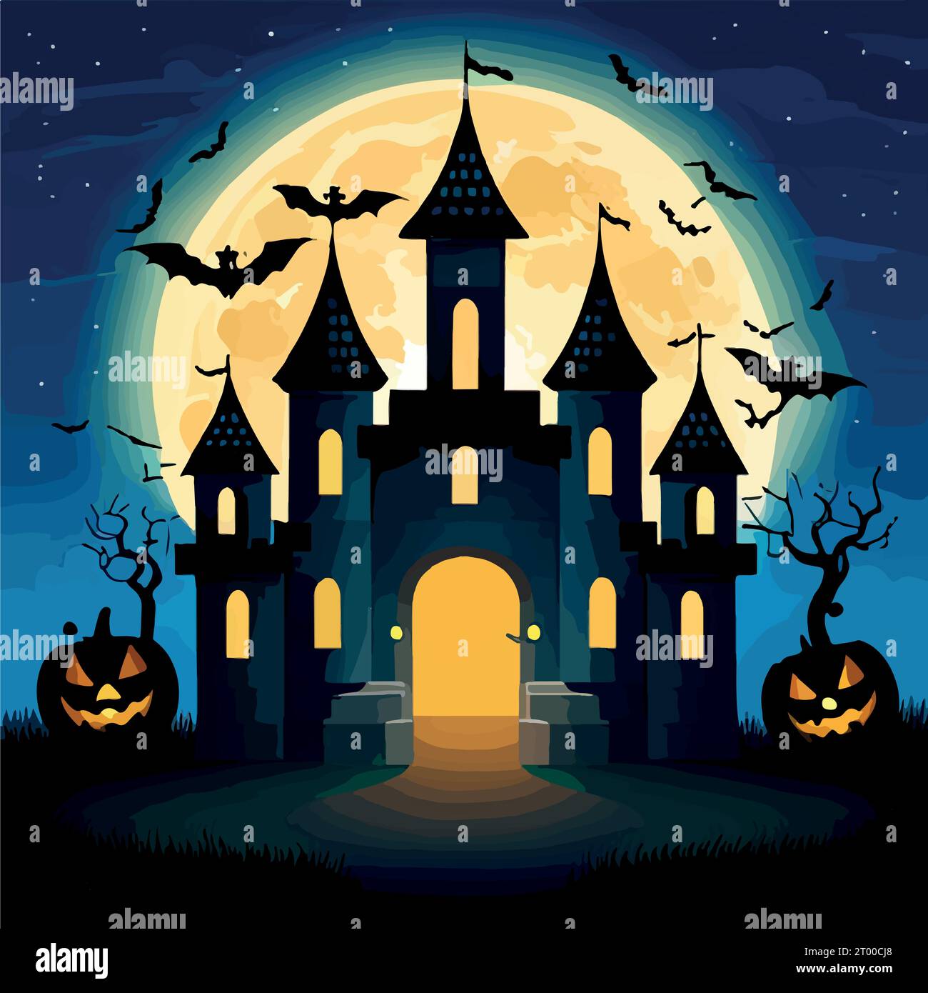 Halloween pumpkins on road and dark castle on blue Moon background with ...