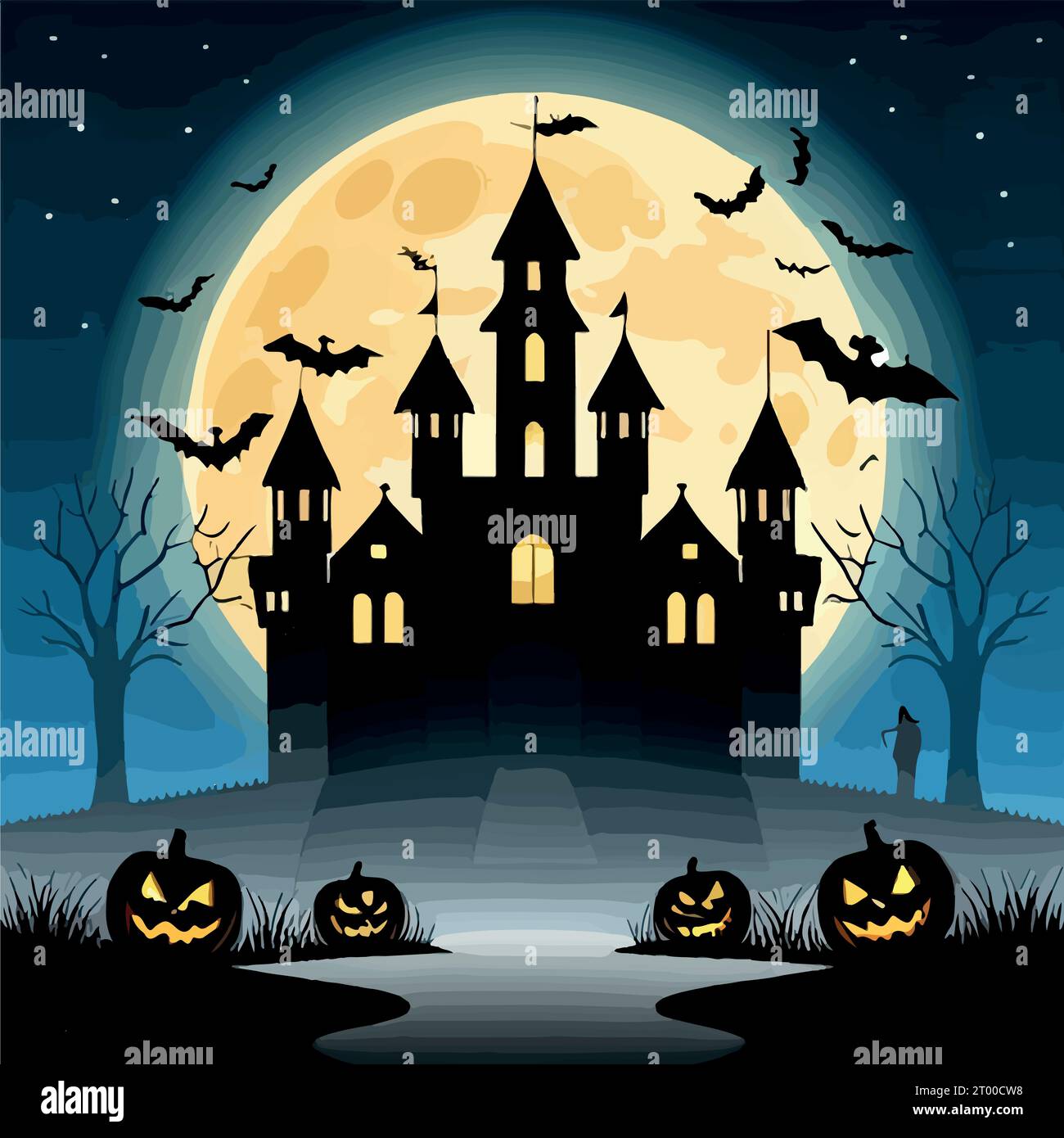 Halloween pumpkins on road and dark castle on blue Moon background with ...
