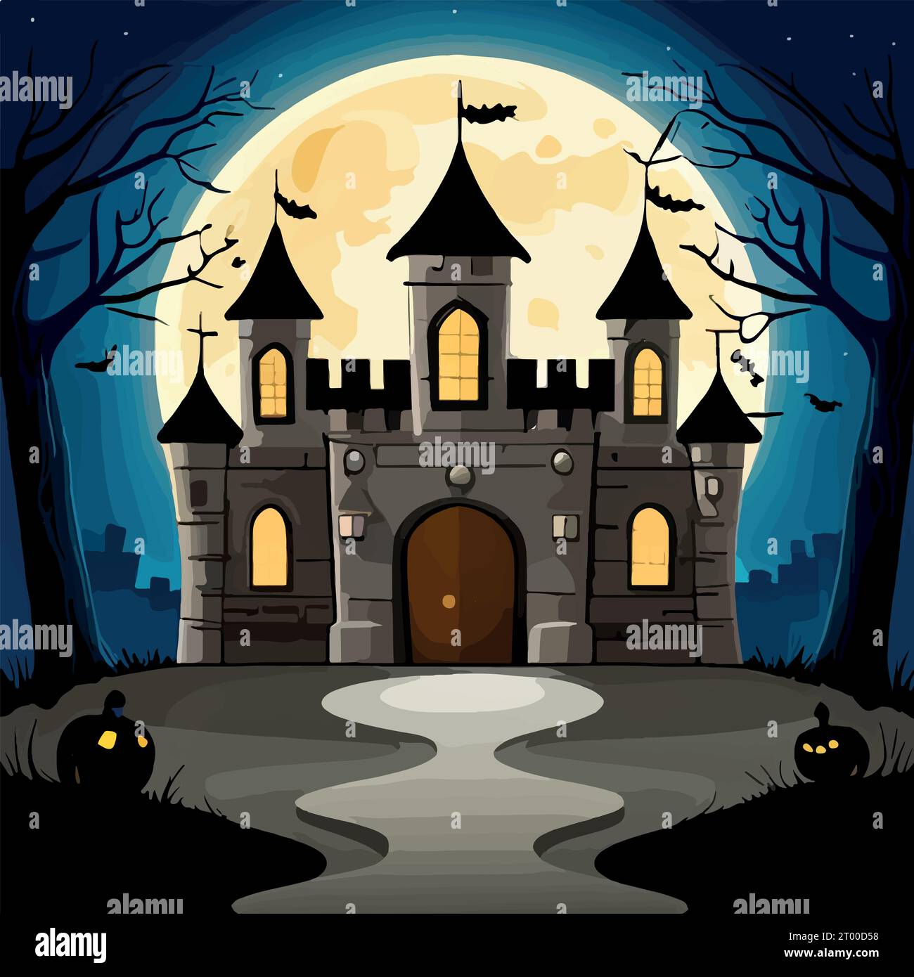 Halloween pumpkins on road and dark castle on blue Moon background with ...