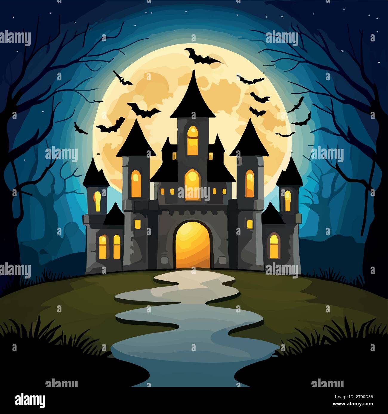 Halloween pumpkins on road and dark castle on blue Moon background with ...