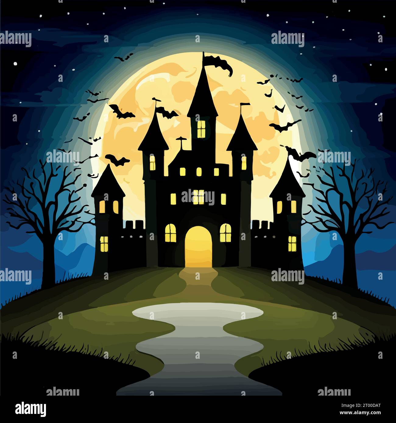 Halloween pumpkins on road and dark castle on blue Moon background with ...