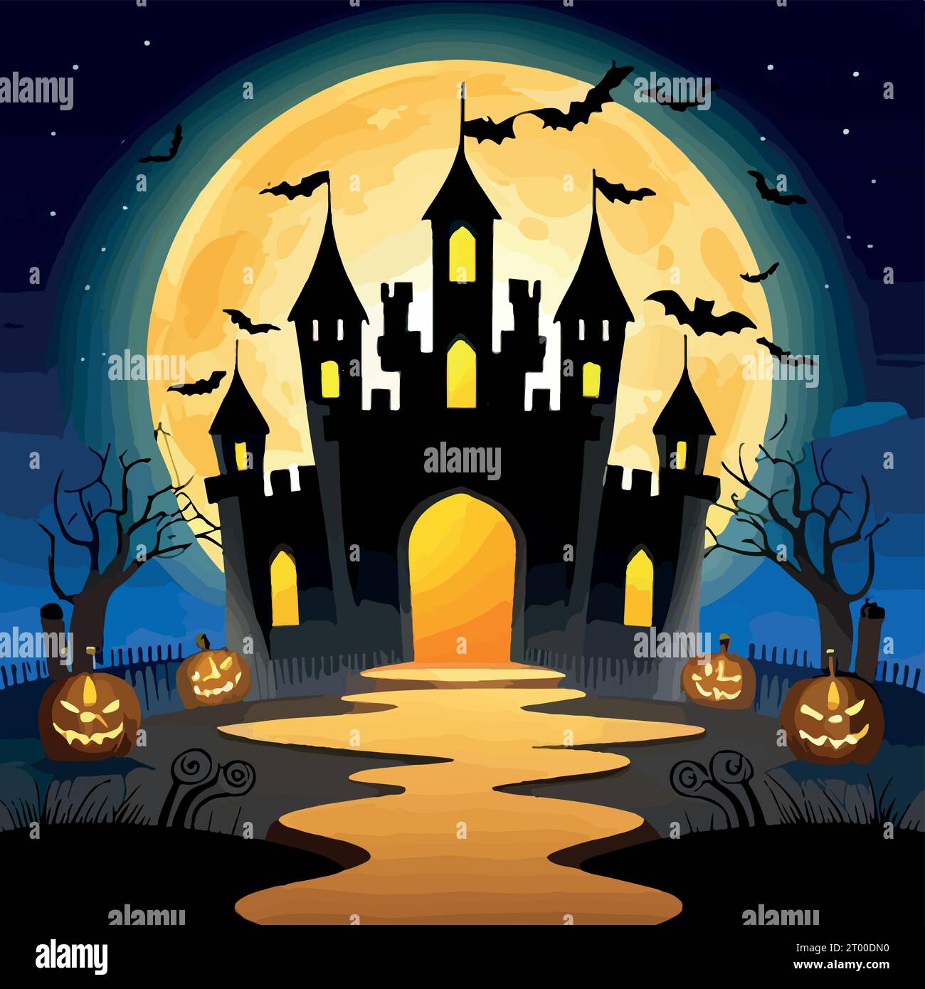 Halloween pumpkins on road and dark castle on blue Moon background with ...