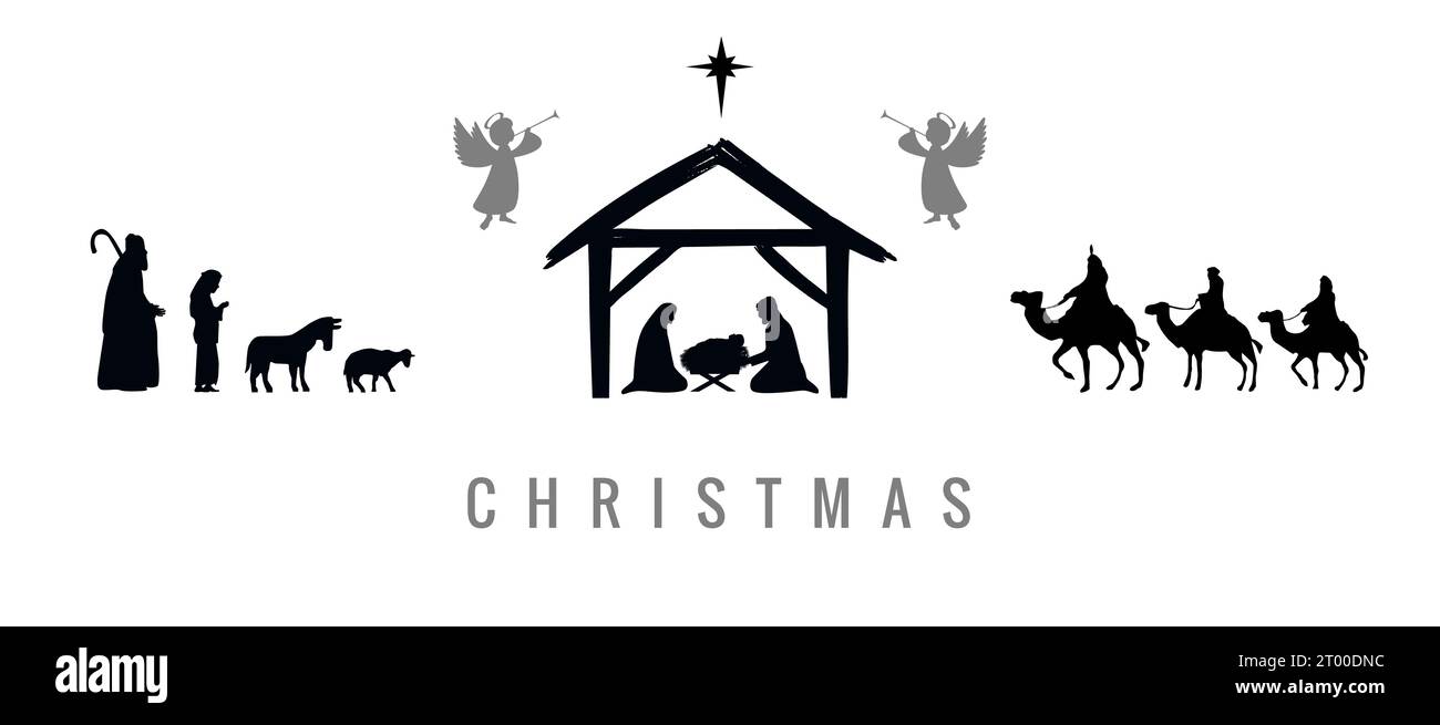 Christmas set of icons Jesus in manger, Mary, Joseph, angels, wisemen, shepherds and Bethlehem star. Vector nativity illustration Stock Vector