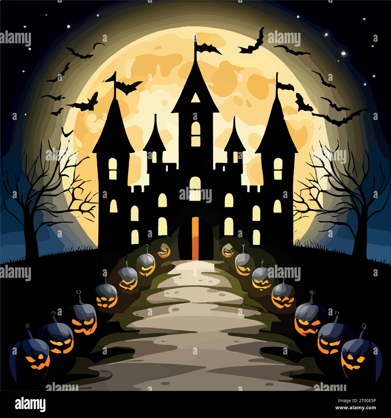 Halloween pumpkins on road and dark castle on blue Moon background with ...