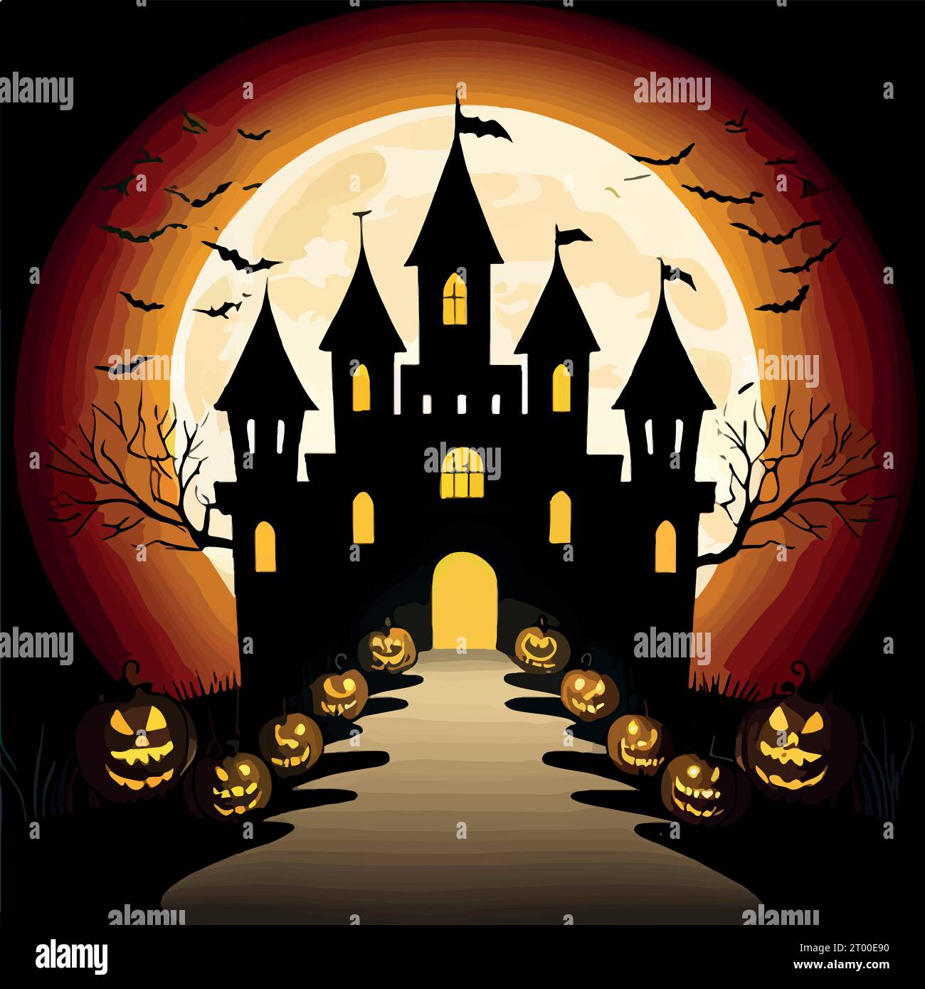 Halloween pumpkins on road and dark castle on blue Moon background with ...
