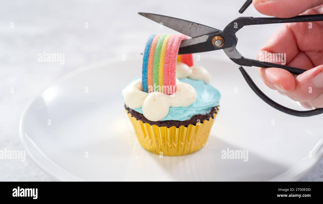 Unicorn rainbow chocolate cupcake Stock Photo