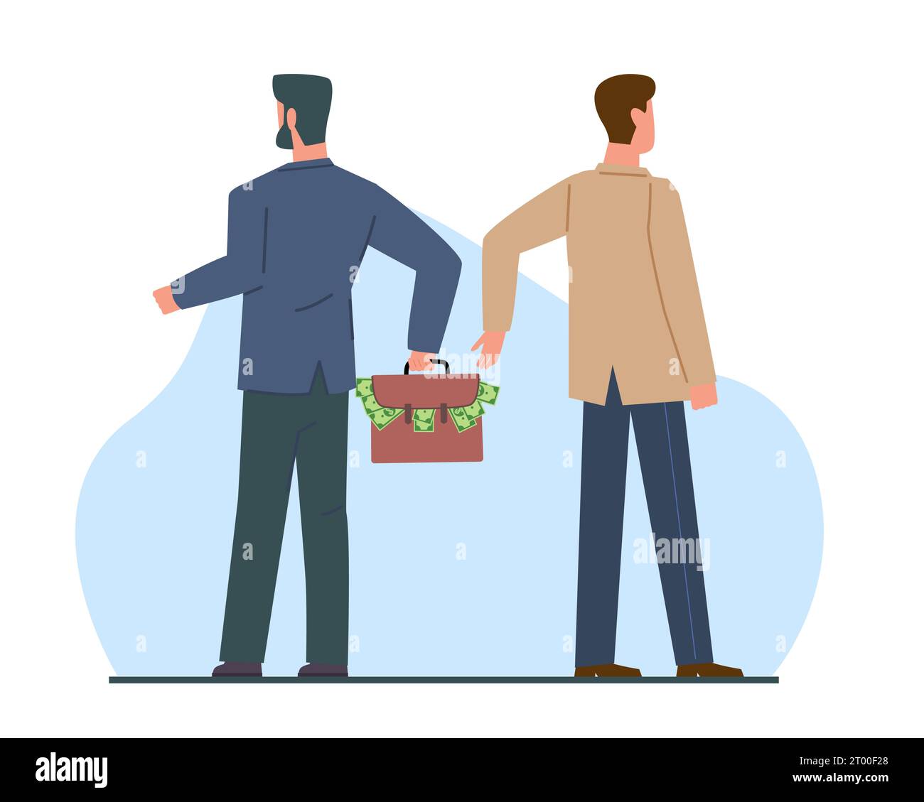 Concept of corruption, man hands another man suitcase full of money. Financial crime, giving bribe in cash, bribery in business. Bribery in business Stock Vector