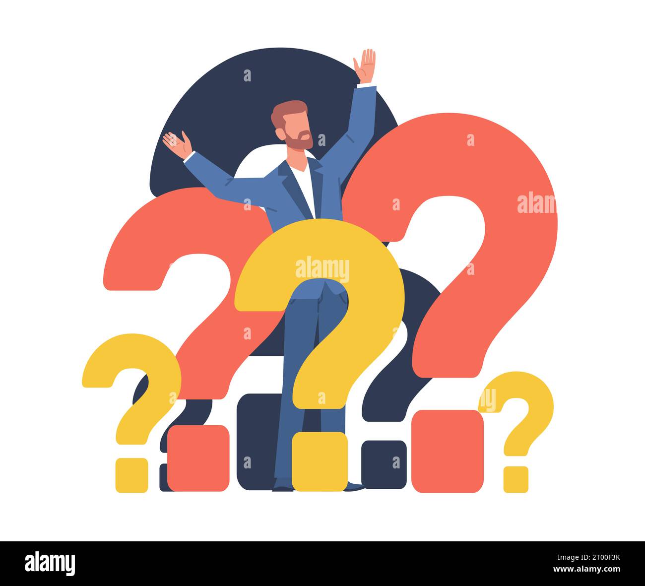 Confused man standing among question marks, concept of confusing