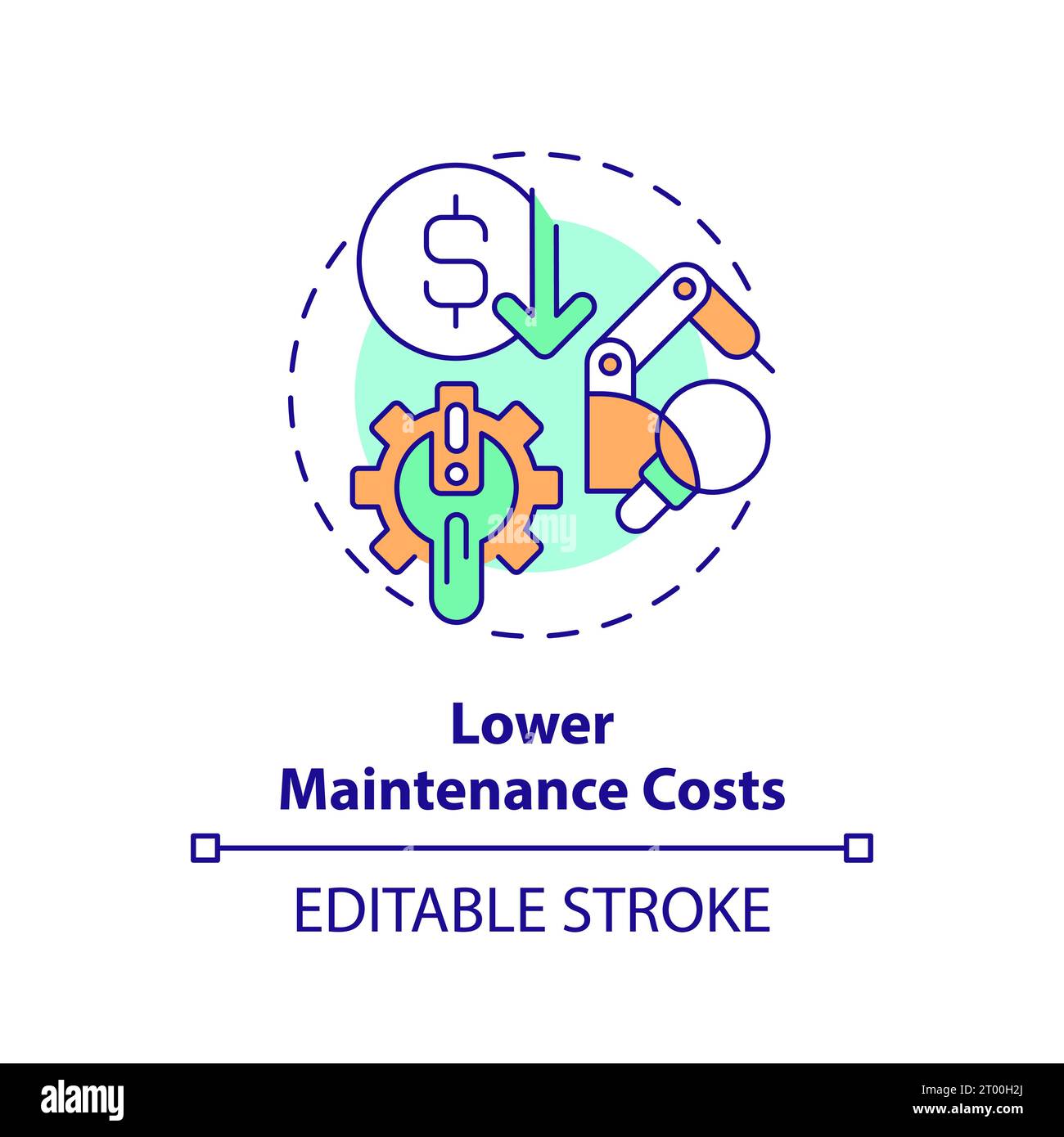2D thin linear icon lower maintenance costs concept Stock Vector