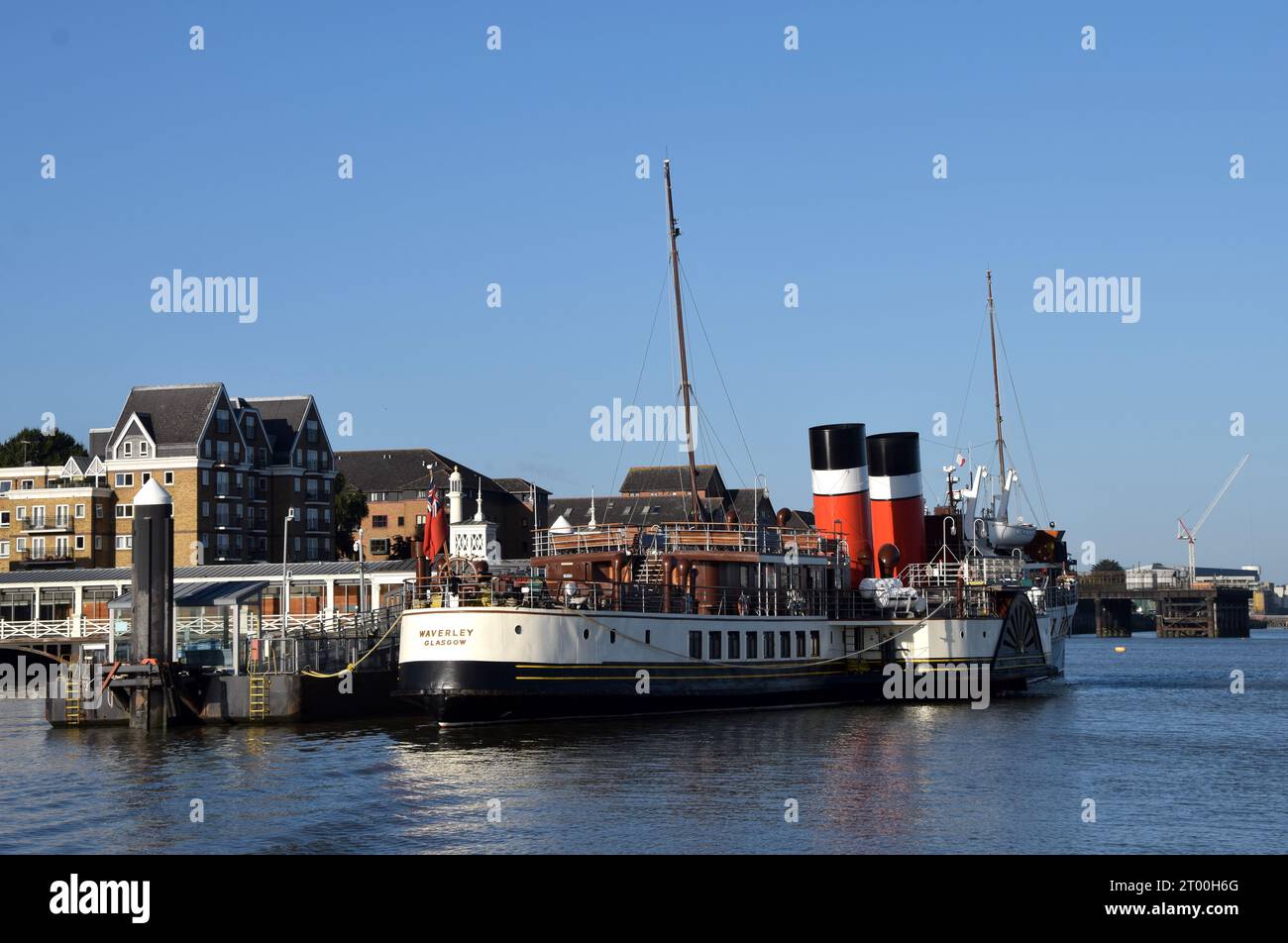 PS Waverley, the last ocean going paddle steamer, at dawn alongside Gravesend Town Pier the
