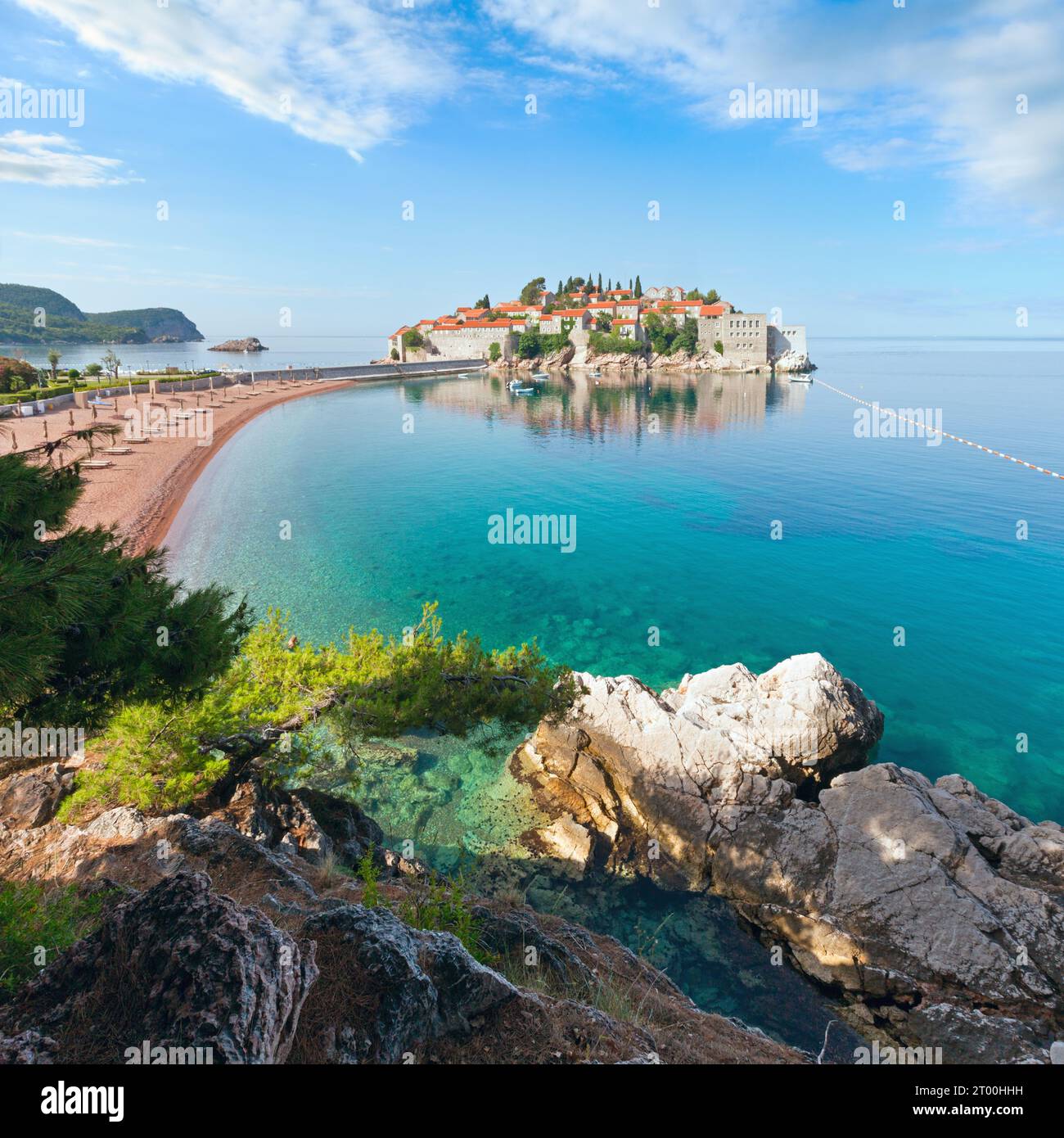 Sveti Stefan sea islet morning view (Montenegro,  Sveti Stefan) Stock Photo
