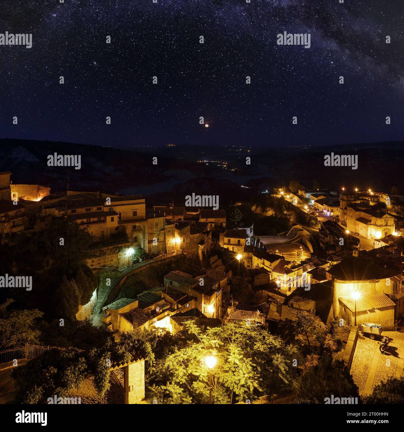 Night old medieval Stilo famos Calabria village view with Milky Way in sky, southern Italy. Stock Photo