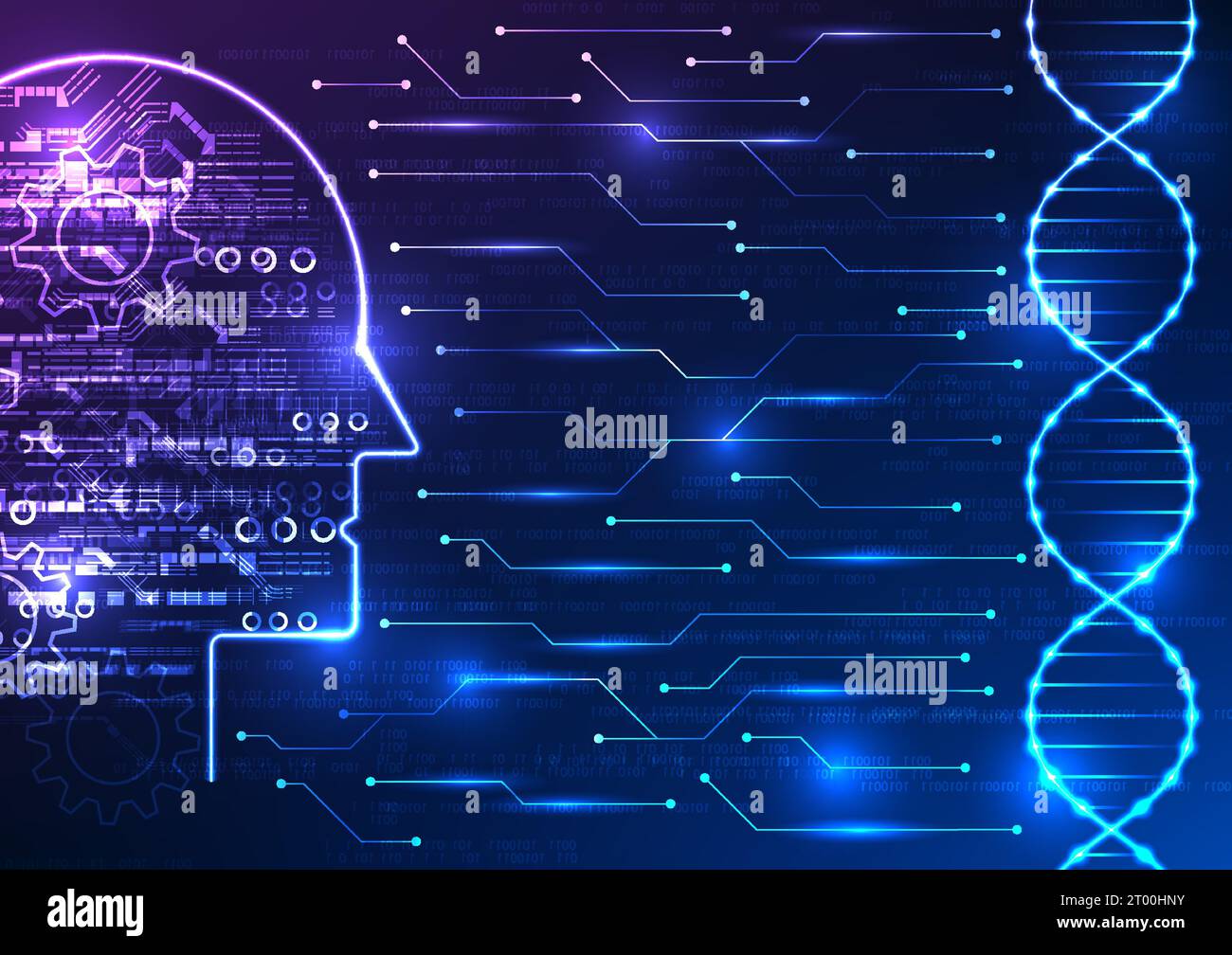 Medical technology and artificial intelligence in a captivating image. Witness the DNA structure connected to an AI brain through a circuit board, wit Stock Vector