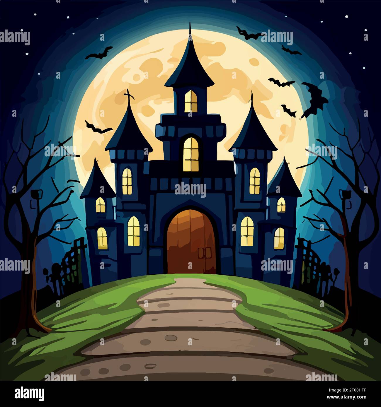 Halloween pumpkins on road and dark castle on blue Moon background with ...