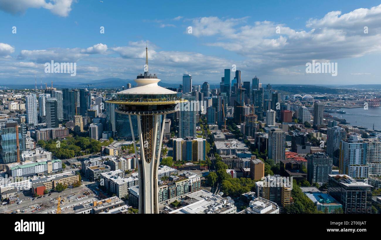 Aerial View Of The Seattle Space Needle In The Port City Of Seattle ...