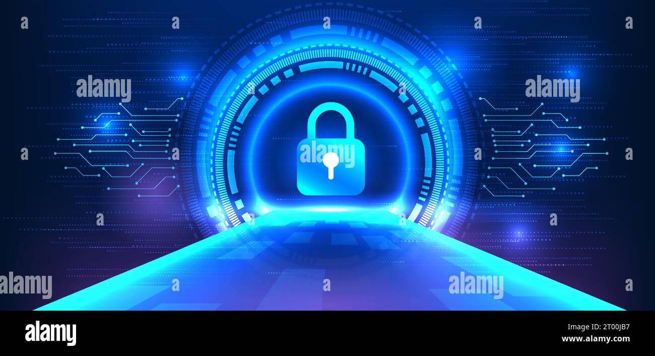 Lock within a technology circle and side circuit. A bridge forefronts the entry to the information system, guarded by a lock symbolizing cyber securit Stock Vector