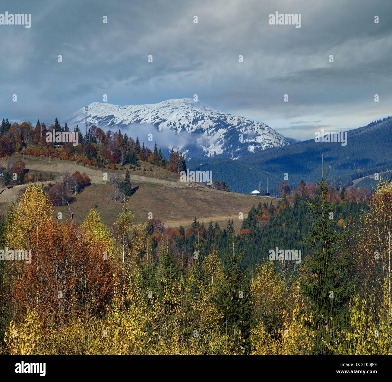 Late autumn mountain scene. Picturesque traveling, seasonal, nature and countryside beauty concept scene. Carpathians, Ukraine. Stock Photo