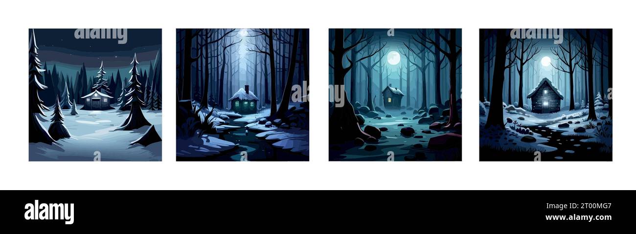 Banner set winter misty dark forest at night with an wooden house in the background, vector illustration Stock Vector