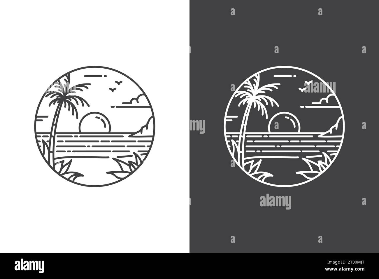 line art tropical island beach ocean sea for tourism logo design symbol Stock Vector