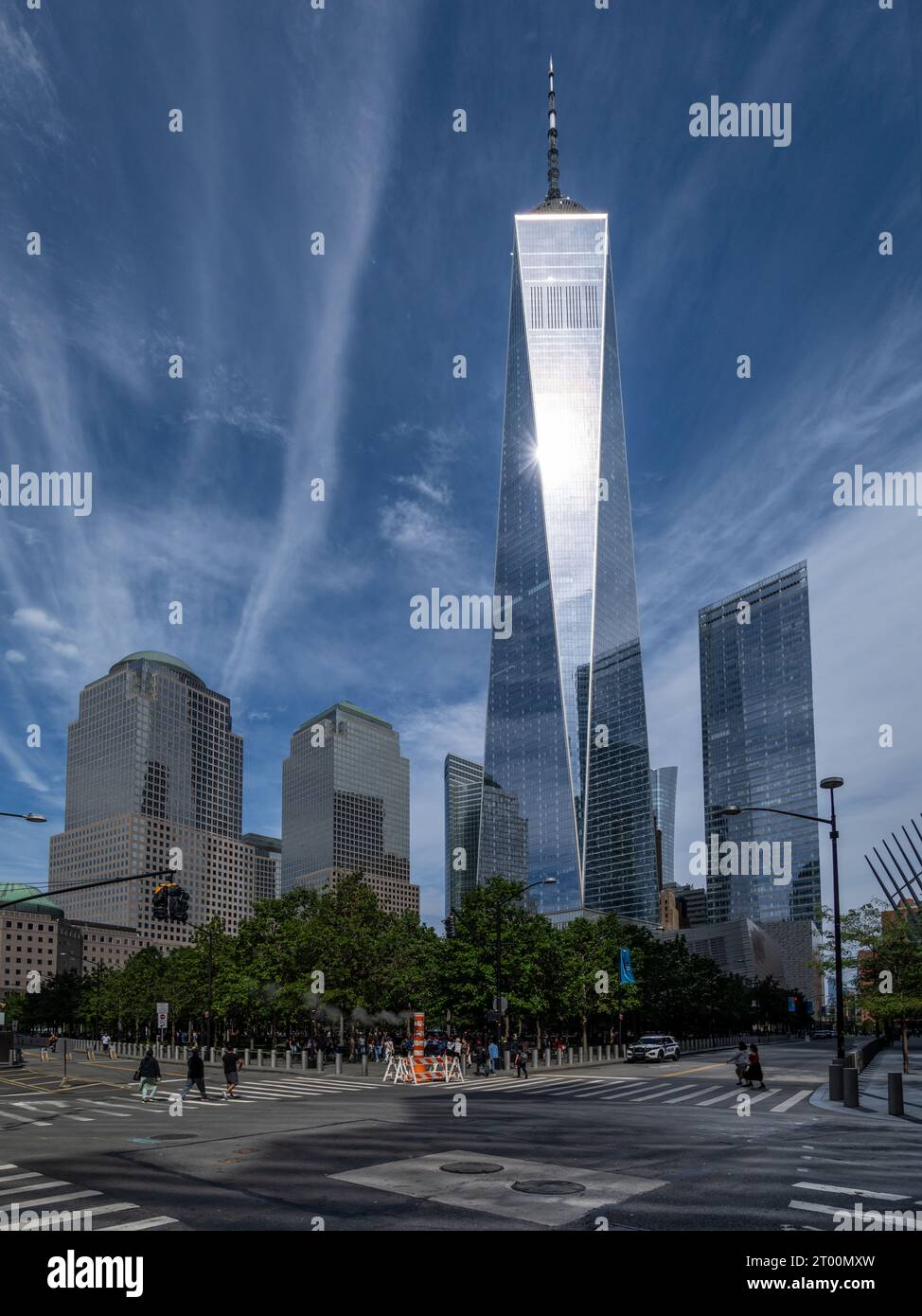 LOWER MANHATTAN, NEW YORK, USA - SEPTEMBER 16, 2023.  A vertical landscape view of The One World Trade Center building and Ground Zero memorial pools Stock Photo