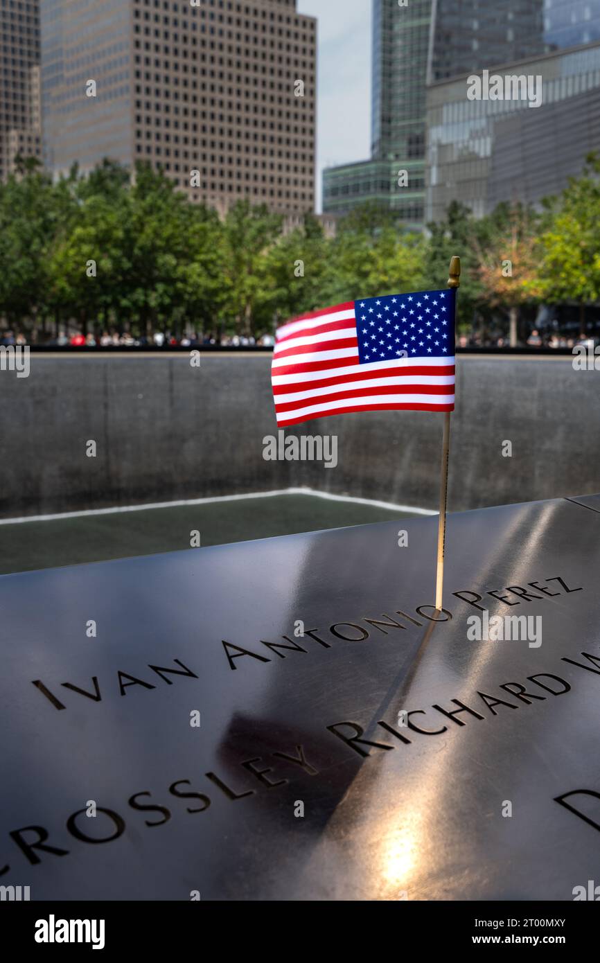 NEW YORK, USA, - SEPTEMBER 16, 2023. The Stars and Stripes American Flag used as a tribute to the victims of the 9/ll attack at the Ground Zero memorial Stock Photo