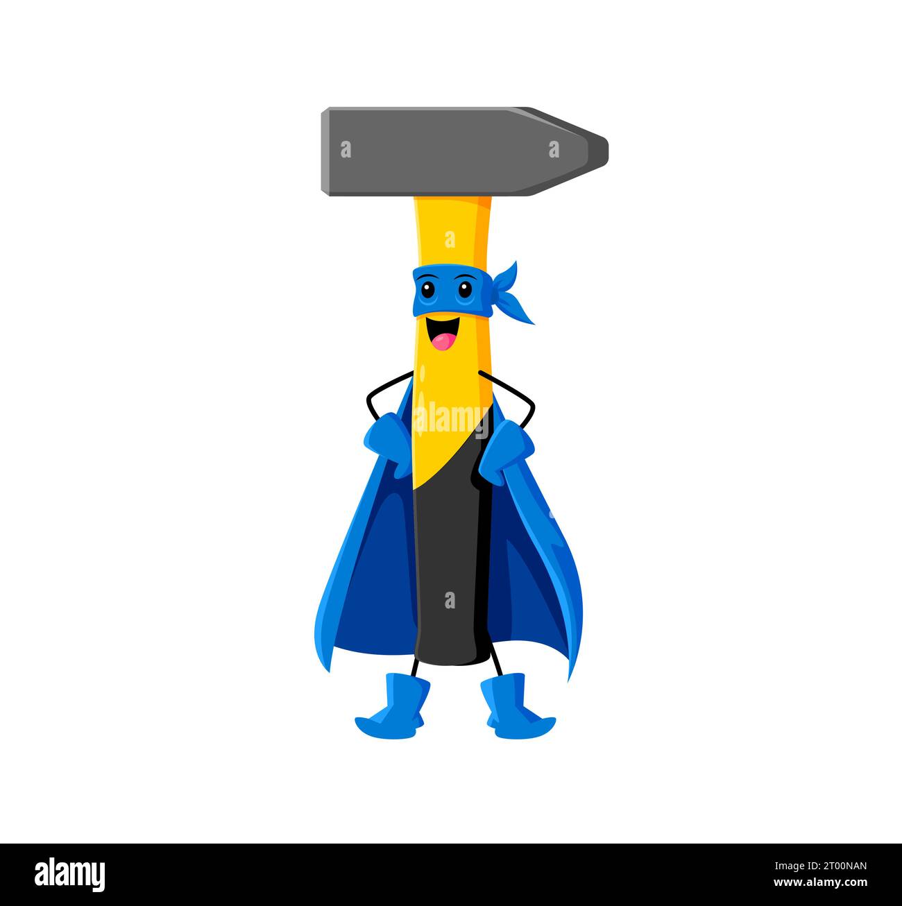 Cartoon hammer superhero character. Isolated vector construction tool wear blue cloak and mask stand with arms akimbo with mischievous grin on face. Whimsical instrument ready for fixing and repair Stock Vector