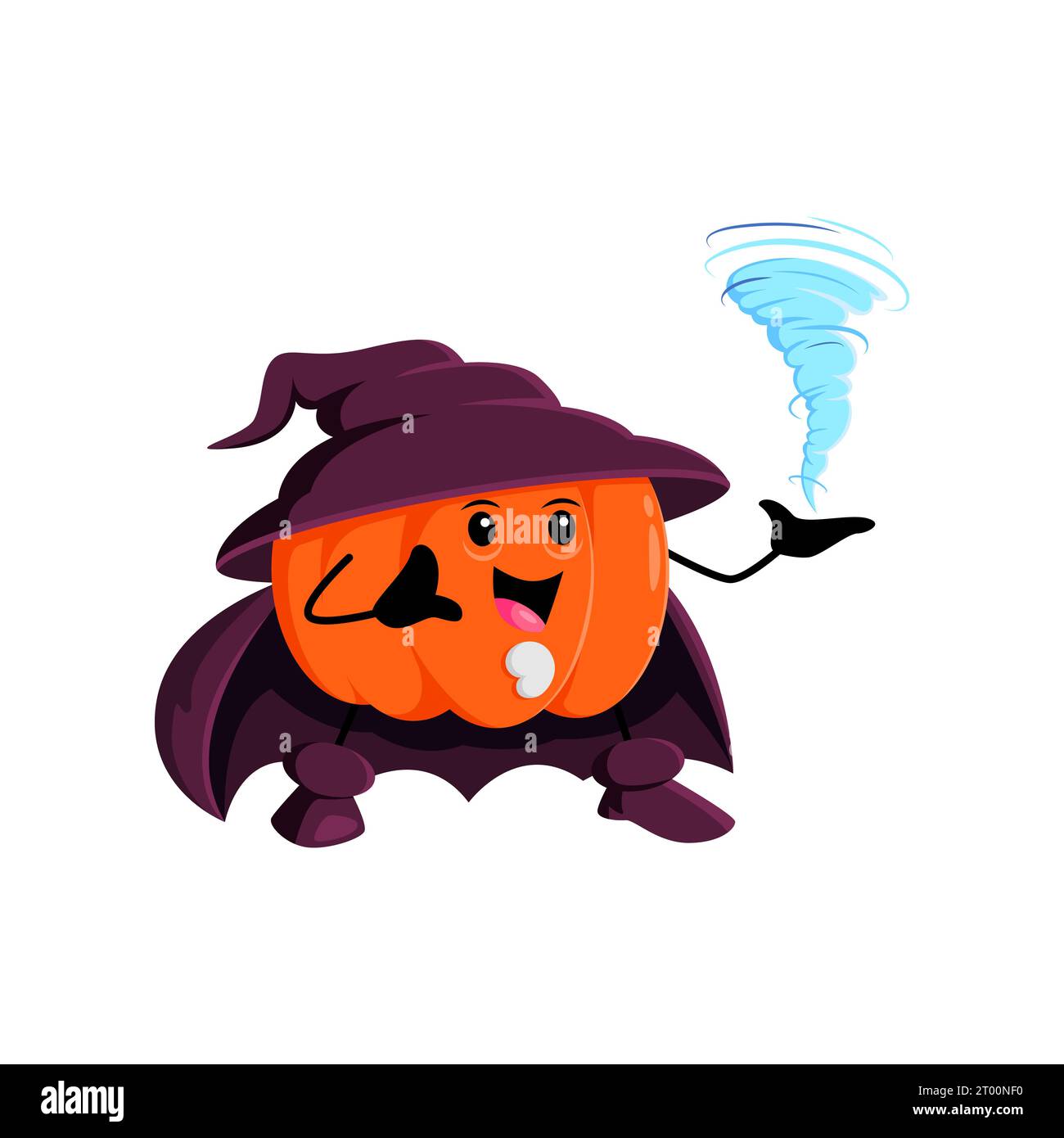 Cartoon Halloween pumpkin wizard character. Vector wiz in whimsical costume, complete with a pointy hat and robes, holding swirling tornado in hand, adding a magical twist to the festive celebrations Stock Vector