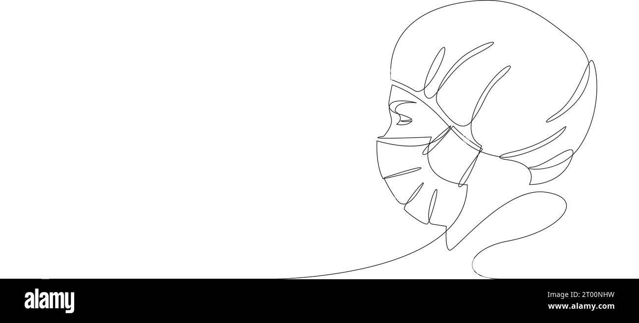 One continuous line drawing of medical worker wearing face mask and cap. Surgeon or nurse portrait avatar drawn by single line. Concept of coronavirus Stock Vector