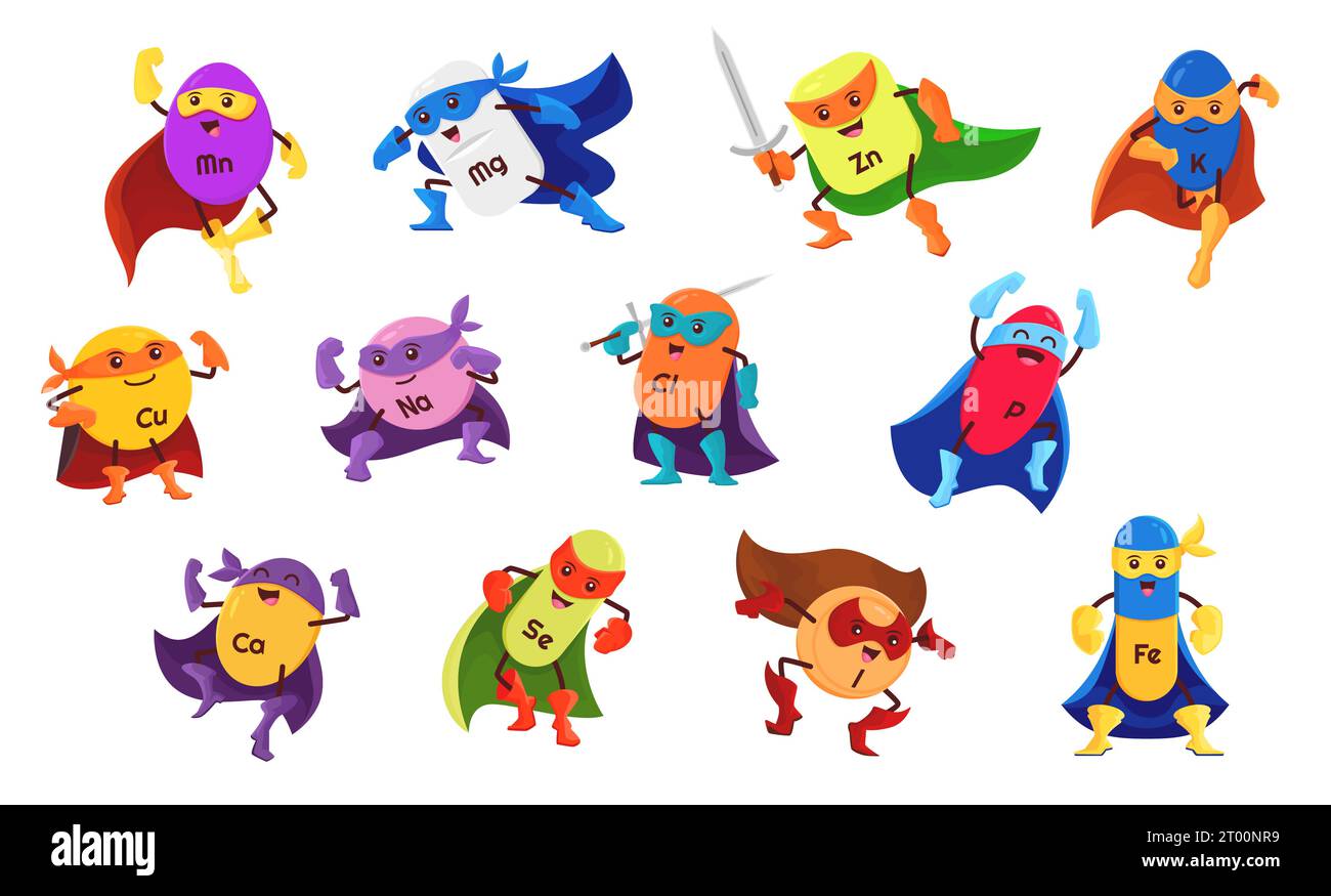 Cartoon micronutrient superhero characters. Funny vitamin and 