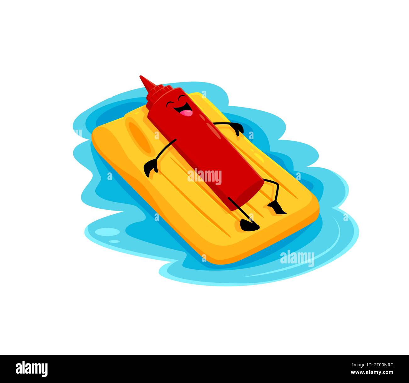 Cartoon fast food ketchup bottle character swimming on inflatable ...
