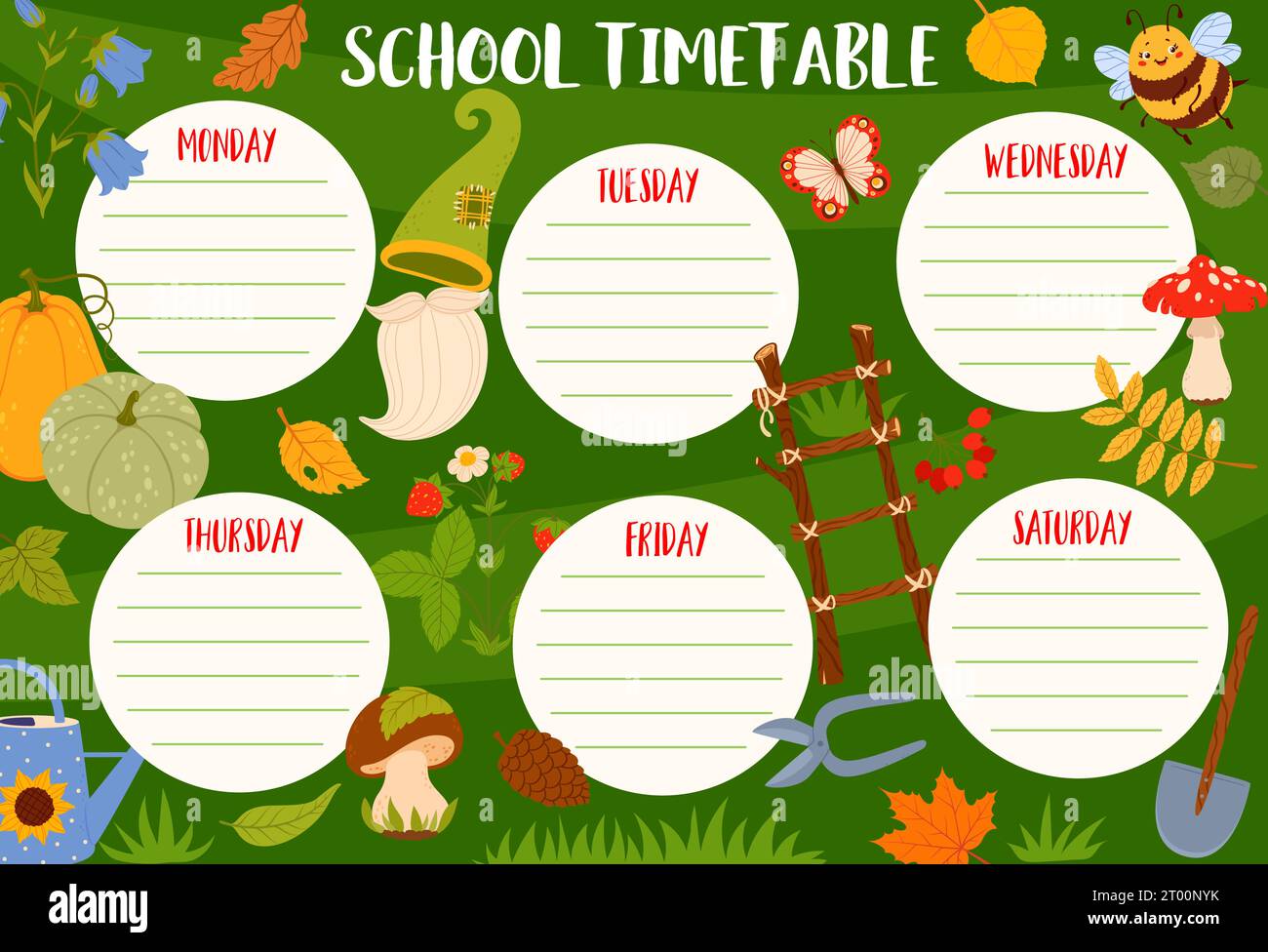 School education timetable schedule. Autumn leaves, animals, plants and gnome garden tools
