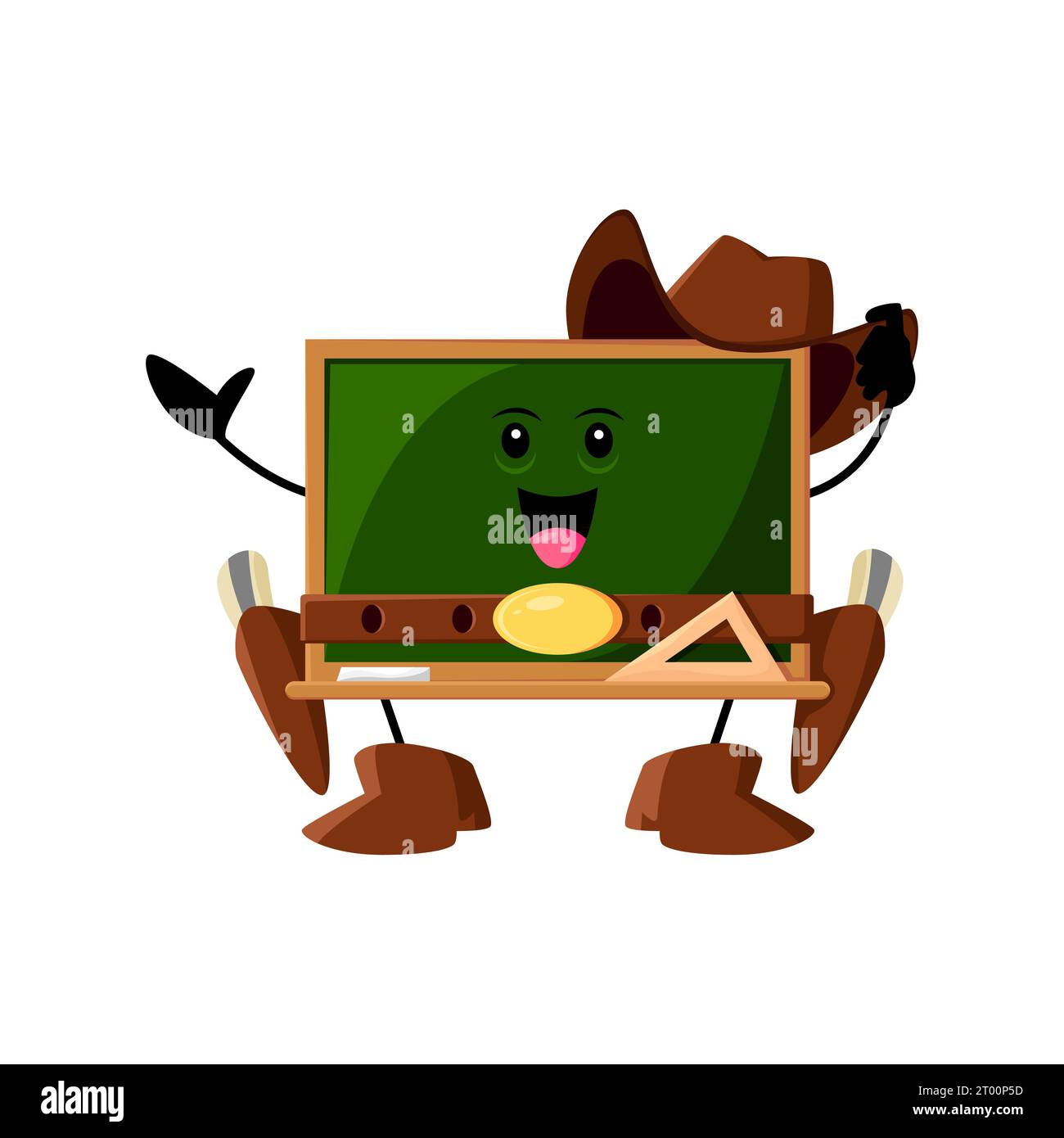 Cartoon blackboard school supply cowboy, ranger, sheriff and robber character. Isolated vector personage with a ten-gallon hat, boots, and guns, ready to wrangle knowledge on wild chalkboard frontier Stock Vector