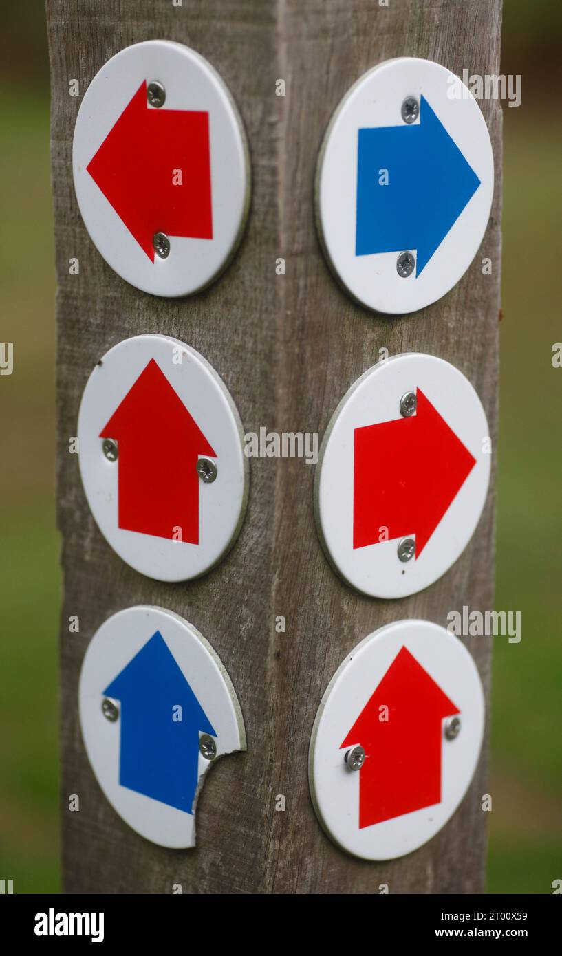 Red and blue arrows on a footpath marker post Stock Photo - Alamy