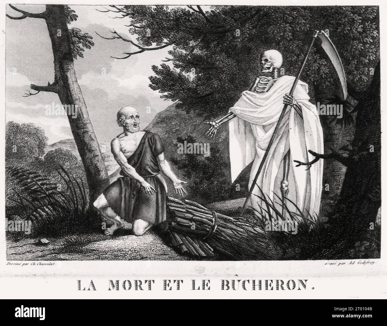 La Mort et le Bûcheron (The Death and the Woodman) The Fables of La Fontaine, illustrated by Jean-Jacques Grandville. 19th century Stock Photo