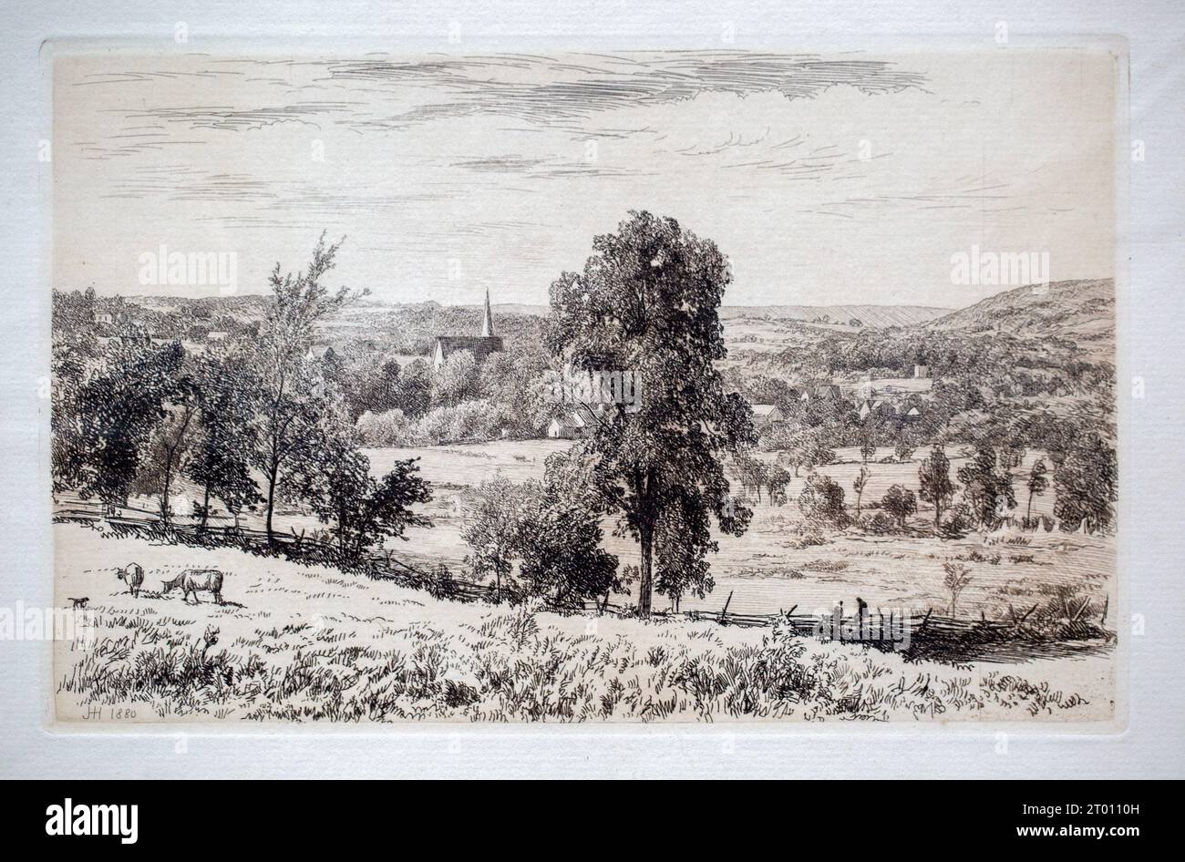 The Vale of Hackensack engraving by artist J Henry Hill 1880 landscape with distant church Stock Photo