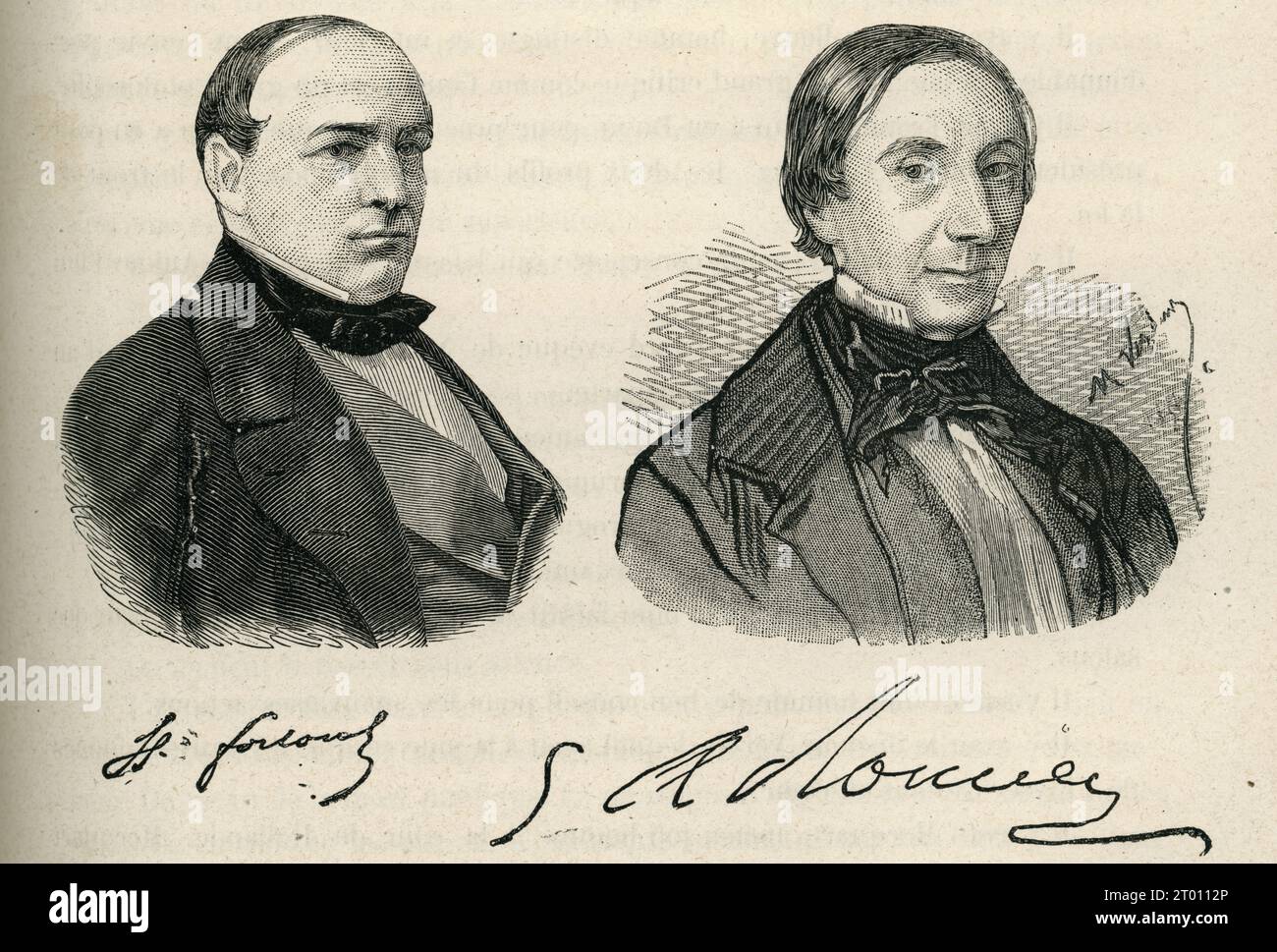Portrait of Hippolyte Fortoul and Auguste Romieu.  Illustration from 'Histoire d'un crime' ('The History of a Crime', written in 1852) and part of a set of engravings published in Victor Hugo's 'Oeuvres'. Book published in French by Eugène Hugues in 1879. Stock Photo
