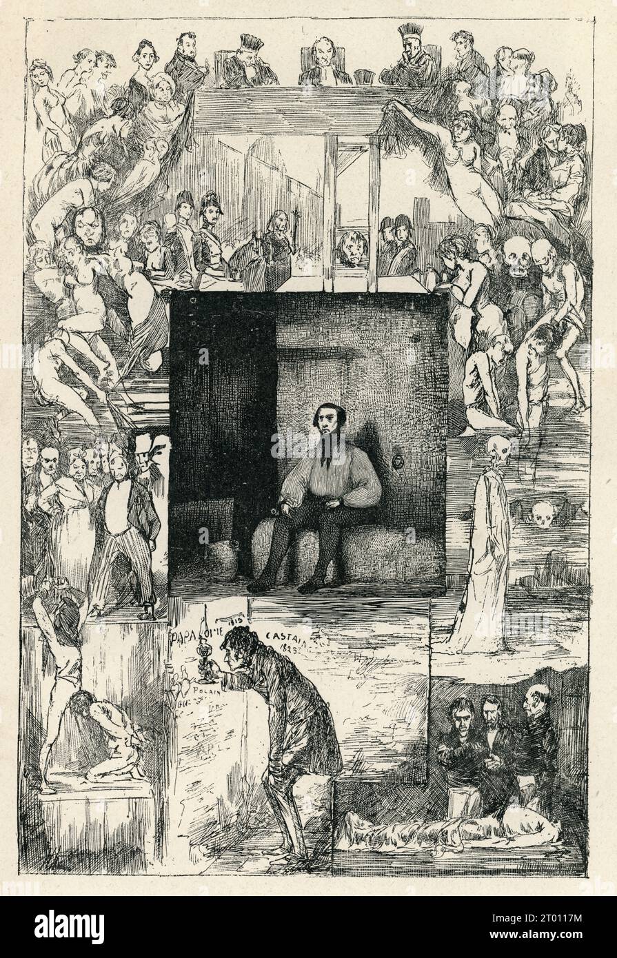 Frontispiece.  Illustrator: Célestin Nanteuil. Illustration from 'Le Dernier Jour d'un condamné' ('The Last Day of a Condemned Man', written in 1829) and part of a set of engravings published in Victor Hugo's 'Oeuvres'. Preceded by 'Napoleon le Petit', and followed by 'Claude Gueux'. Book published in French by Eugène Hugues in 1879. Stock Photo