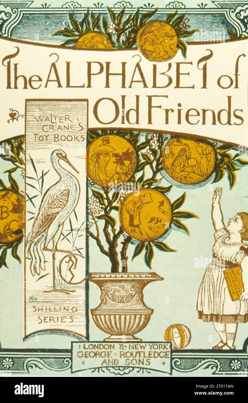 Cover of the English alphabet book 'The Alphabet of Old Friends', by Walter Crane, illustrated by Edmund Evans.  1874-1876 Stock Photo