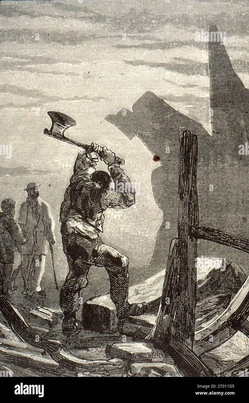 'The old three-masted longboat, damaged by the impact of the galleons, could still provide the main parts of the new one. The carpenter therefore set to work immediately.'  Illustration by Edouard Riou published in 'Voyages et aventures du Capitaine Hatteras : les anglais au Pôle Nord, le désert de glace' by Jules Verne. Published by: J. Hetzel (Paris) Publication date: 1867 Stock Photo